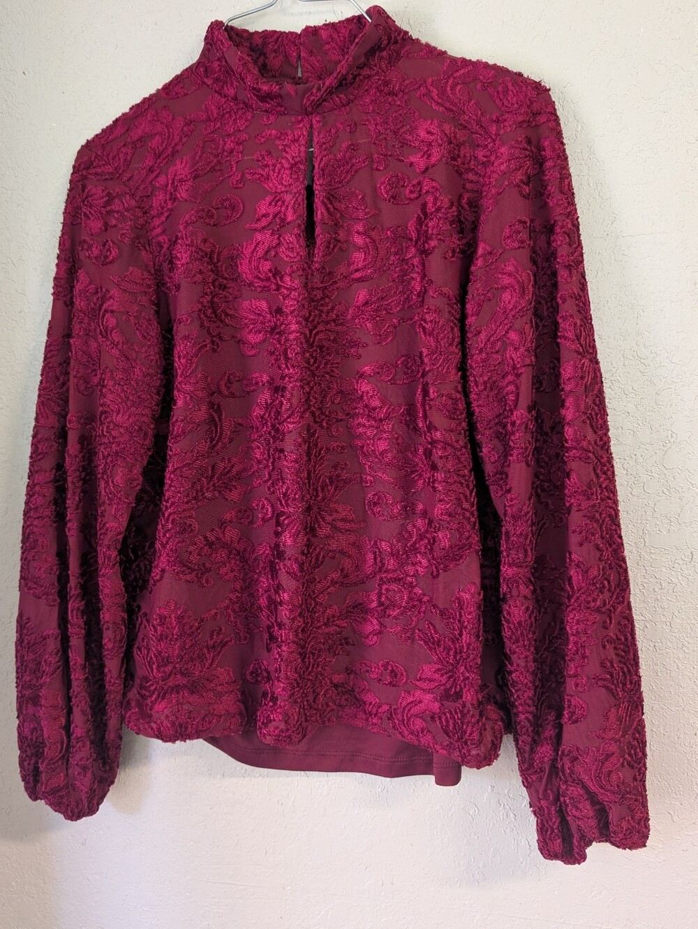 Mock Neck Burnout Top M Burgundy Floral Whimsigoth Dark Academia Witchy Lined